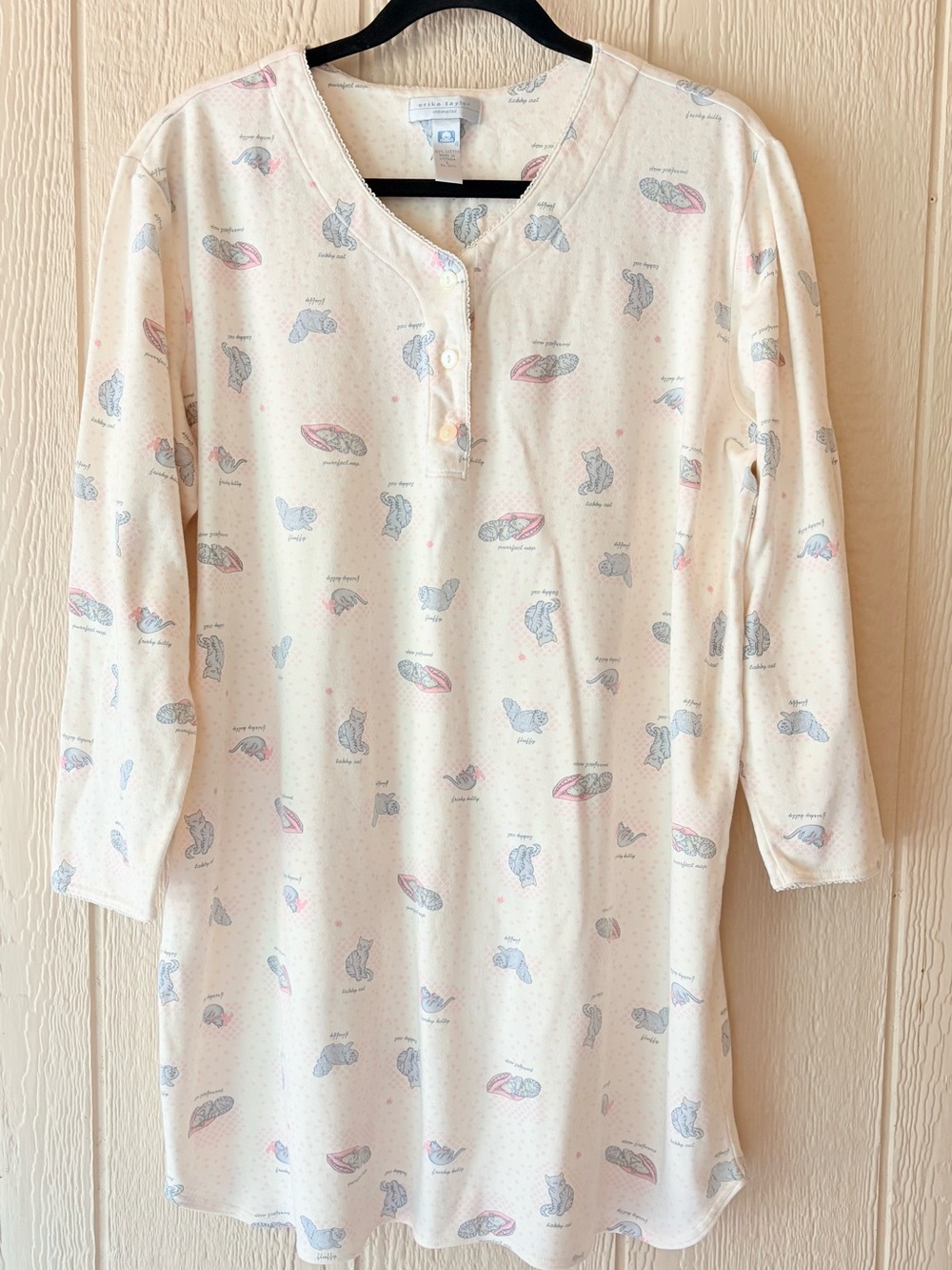 Vintage Erika Taylor Intimates Cat Print Cotton Nightgown Shirt Size L